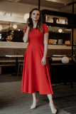Flared Short Sleeve Long Dress with Covered Zipper