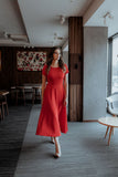 Flared Short Sleeve Long Dress with Covered Zipper