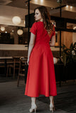 Flared Short Sleeve Long Dress with Covered Zipper