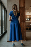 Flared Short Sleeve Long Dress with Covered Zipper
