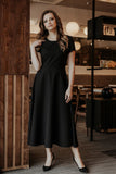 Flared Long Dress with Short Sleeves and Zipper Closure