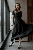 Flared Long Dress with Short Sleeves and Zipper Closure