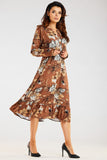 Distinctive Neckline Long Sleeve Midi Dress with Frill Hem
