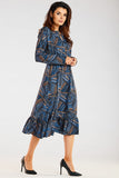 Elegant Long Sleeve Midi Dress with Frill Hem