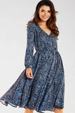Elegant Midi Dress with Envelope Neckline and Flared Hem