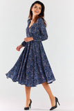 Elegant Midi Dress with Envelope Neckline and Flared Hem