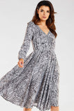 Flared Midi Dress with Envelope Neckline and Long Sleeves