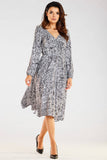 Flared Midi Dress with Envelope Neckline and Long Sleeves
