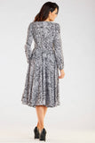 Flared Midi Dress with Envelope Neckline and Long Sleeves