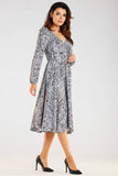 Flared Midi Dress with Envelope Neckline and Long Sleeves