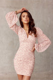 Elegant V-Neck Dress with Puff Sleeves and Fitted Skirt