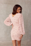 Elegant V-Neck Dress with Puff Sleeves and Fitted Skirt