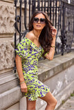 Elegant Floral Crease Dress with Open Shoulders and Ruffles