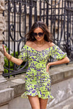 Elegant Floral Crease Dress with Open Shoulders and Ruffles