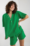 Heart Neckline Blouse & Tie-Waist Shorts Tracksuit Set