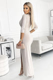 Beige Glitter Dress with Envelope Neckline & Leg Slit