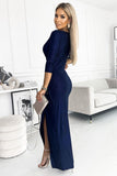 Navy Blue Glitter Dress with Envelope Neckline & Leg Slit