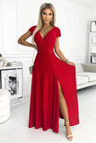 Red Glitter Maxi Dress with Envelope Neckline & Leg Slit