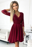 Burgundy Asymmetrical Dress with Lace Neckline and 3/4 Sleeves