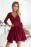Burgundy Asymmetrical Dress with Lace Neckline and 3/4 Sleeves