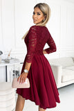 Burgundy Asymmetrical Dress with Lace Neckline and 3/4 Sleeves