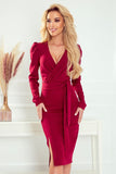 Elegant Burgundy Dress with Long Sleeves and Belt