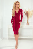 Elegant Burgundy Dress with Long Sleeves and Belt