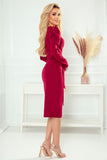 Elegant Burgundy Dress with Long Sleeves and Belt
