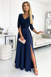 Elegant Navy Blue Lace Dress with Slit and Neckline