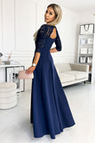 Elegant Navy Blue Lace Dress with Slit and Neckline
