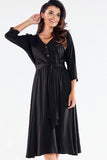 Buttoned Midi Dress with Trapezoidal Bottom and Belt