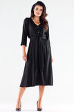 Buttoned Midi Dress with Trapezoidal Bottom and Belt