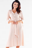 Buttoned Midi Dress with Trapezoidal Bottom and Belt