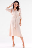 Buttoned Midi Dress with Trapezoidal Bottom and Belt