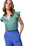 Printed Satin Blouse with V Neckline and Ruffle Sleeves