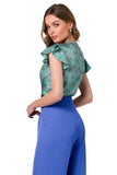 Printed Satin Blouse with V Neckline and Ruffle Sleeves
