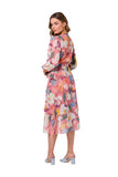 Chiffon Overlap Dress with Ruffles and Waist Tie