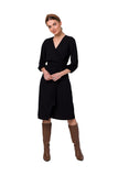 Flared Overlap Dress with Wide Sleeves and Waist Binding