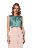 Glossy Printed Sleeveless Blouse with Round Neckline