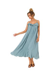 Loose Cut Midi Dress with Ruffle Neckline and Thin Straps