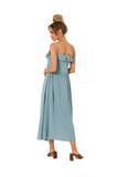 Loose Cut Midi Dress with Ruffle Neckline and Thin Straps