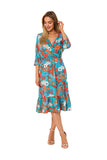 Summer Ruffle Midi Dress with Envelope Neckline & 3/4 Sleeves