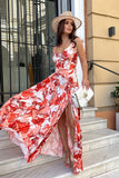 Elegant Floral Satin Long Dress with Slit and Fitted Top