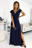Navy Blue Glitter Maxi Dress with Leg Slit and Neckline