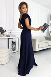 Navy Blue Glitter Maxi Dress with Leg Slit and Neckline