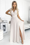 Glittery Beige Maxi Dress with Envelope Neckline & Slit