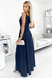 Elegant Navy Blue Maxi Dress with Straps and Slit