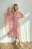 Chic Midi Dress with Flared Layered Skirt and Crinkled Sleeves