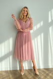 Chic Midi Dress with Flared Layered Skirt and Crinkled Sleeves