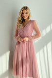 Chic Midi Dress with Flared Layered Skirt and Crinkled Sleeves